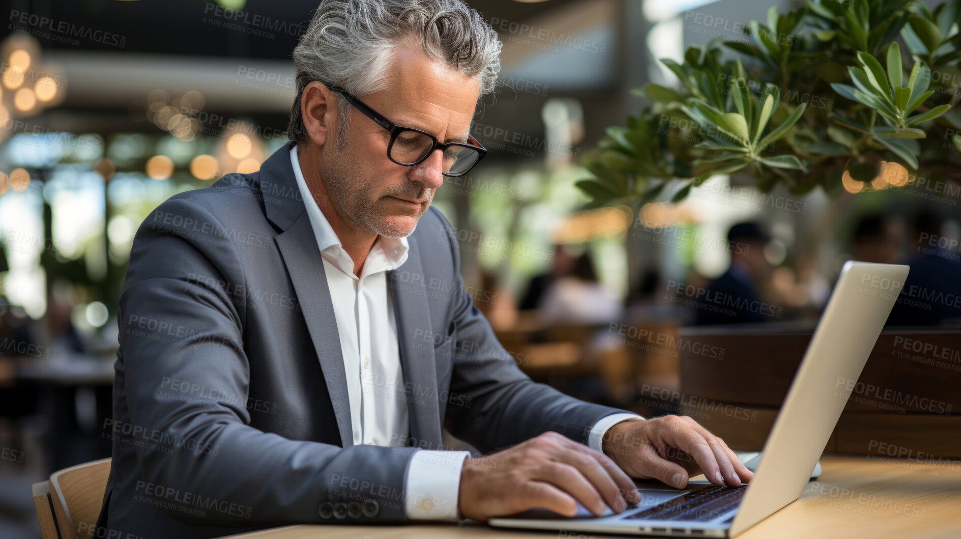 Buy stock photo Portrait, man and Business person with laptop, cafe and typing. Sitting, typing  and online reading. Face, male or leader in a restaurant, pc or technology with education, email and freelancer.