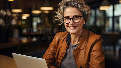 Portrait, woman and mature with a laptop, looking and smiling. Entrepreneur, freelance and business. Restaurant, cafe and online.