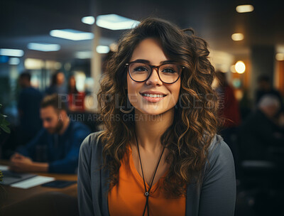 Portrait, woman and student in office, business and building. Smiling, face and female. Person, girl or leader. Working, employee and creative in corporate workplace.