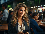 Portrait, woman and professional with smartphone, device, and texting. Face, female and smiling on technology for social media, networking.