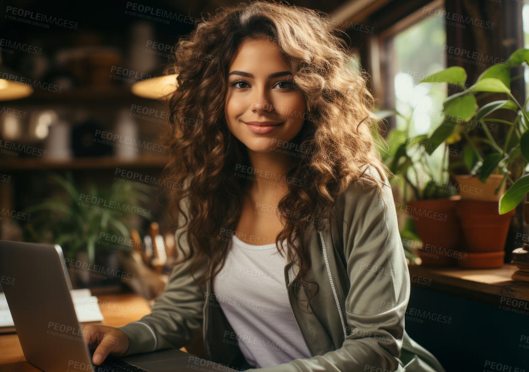 Buy stock photo Portrait, woman and student with laptop, cafe and typing with smile, connection and online reading. Face, female and girl in restaurant, pc or technology with education, email and university.