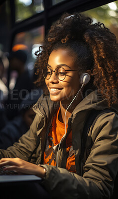 Buy stock photo Woman, scholar and student with earphones, laptop and typing with a smile, connection and online. Face, female person or girl in a cafe, laptop, email and university.