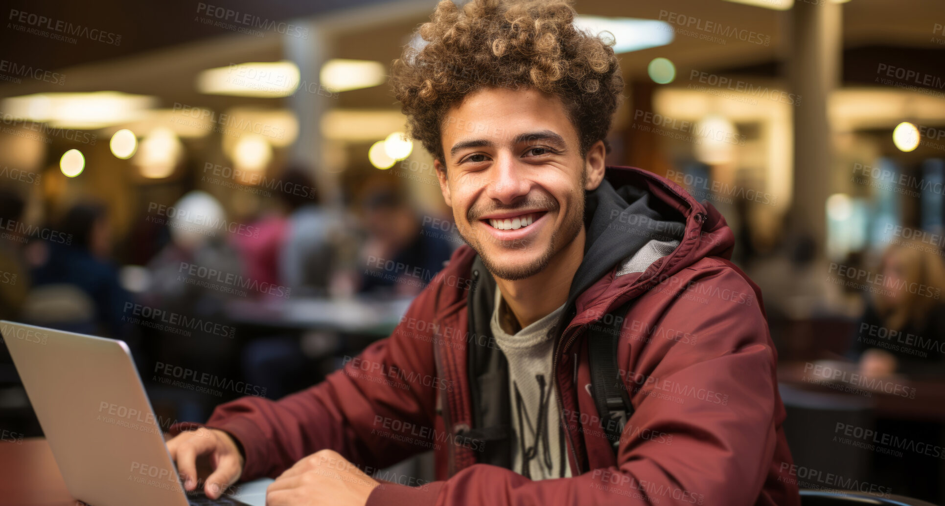 Buy stock photo Portrait, male and student with laptop, cafe and typing with a smile, connection and online reading. Face, young or scholar in a restaurant, pc or technology with education, email and university.