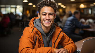 Portrait, male and student with laptop, cafe and typing with a smile, connection and online reading. Face, young or scholar in a restaurant, pc or technology with education, email and university.