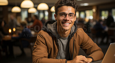 Portrait, male and student with laptop, cafe and typing with a smile, connection and online reading. Face, young or scholar in a restaurant, pc or technology with education, email and university.