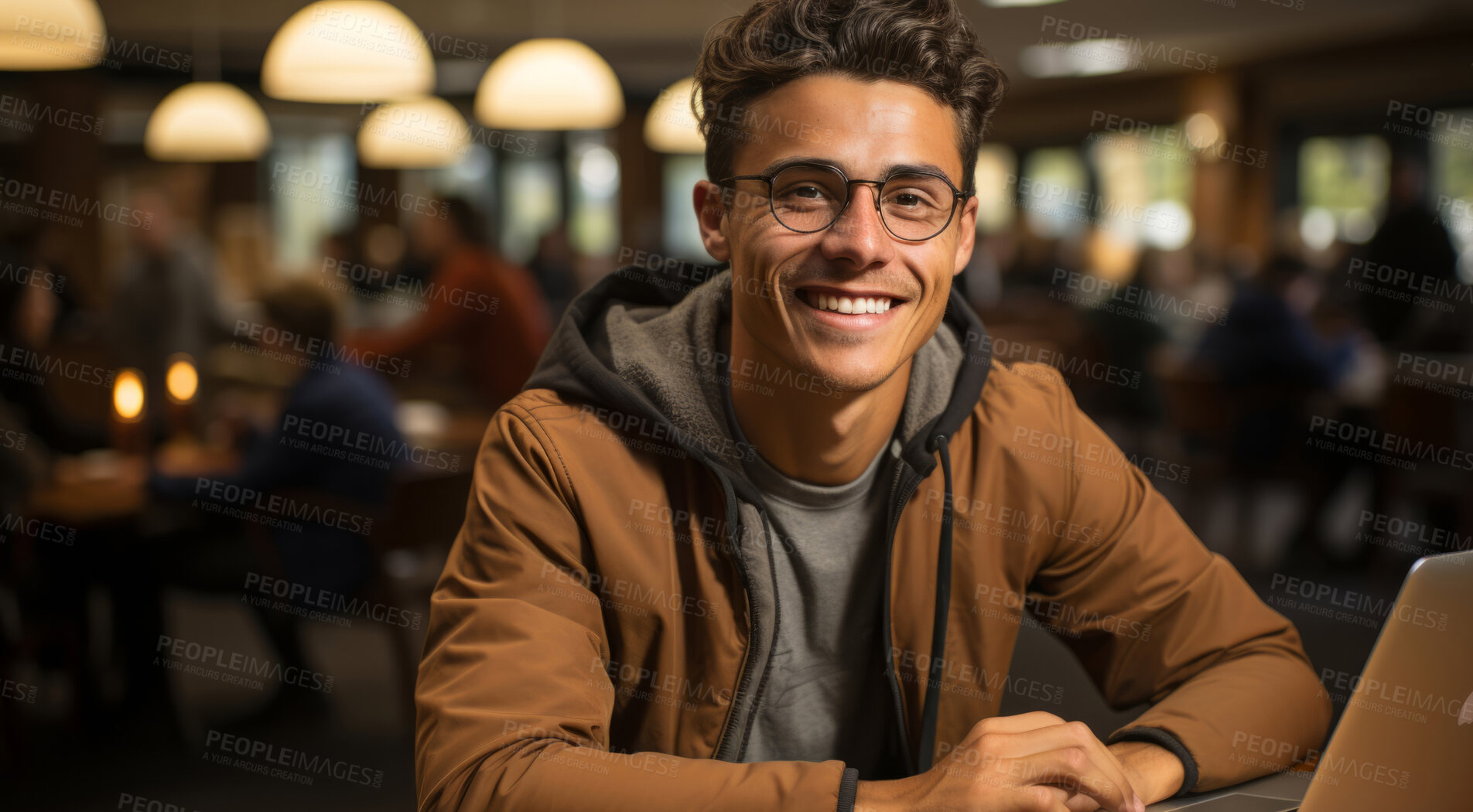 Buy stock photo Portrait, male and student with laptop, cafe and typing with a smile, connection and online reading. Face, young or scholar in a restaurant, pc or technology with education, email and university.