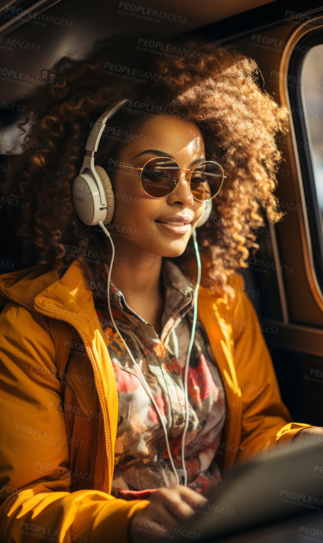 Buy stock photo Woman, computer and student with headphones, laptop and typing with a smile, connection and online. Face, female or girl in a taxi, smartphone or technology with education, email and university.