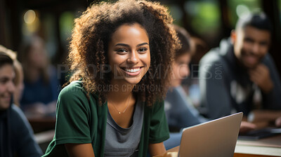 Portrait, woman and student with laptop, cafe and typing with a smile, connection and online reading. Friends, female or girl in a library, pc or technology with education, email and university.