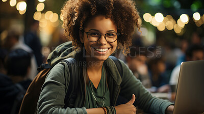 Buy stock photo Portrait, woman and student with laptop, cafe and typing with a smile, connection and online reading. Face, female person or girl in restaurant, pc or technology with education, email and university.