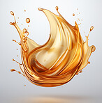 Splash, liquid and droplet on a cream background for wellness, cosmetics and luxury. Closeup, abstract and detail with reflection for art and concept isolated on a studio backdrop.