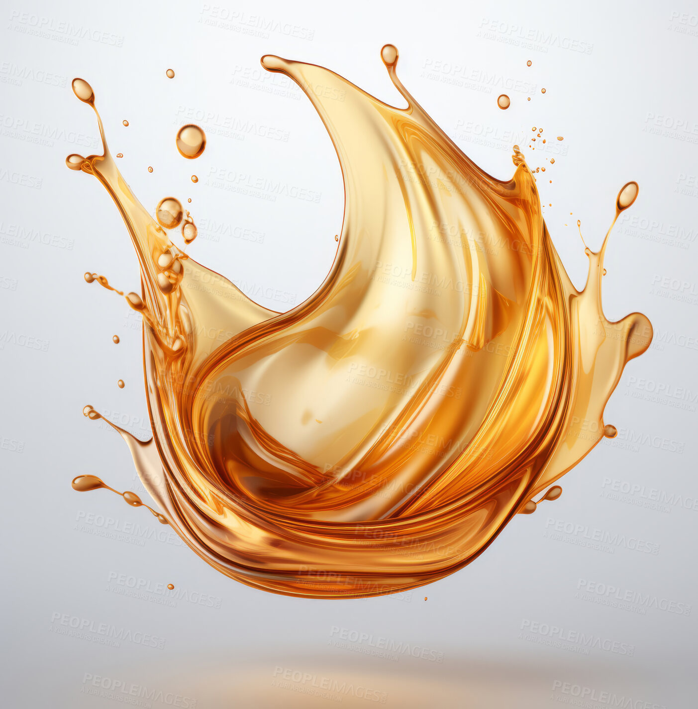 Buy stock photo Splash, liquid and droplet on a cream background for wellness, cosmetics and luxury. Closeup, abstract and detail with reflection for art and concept isolated on a studio backdrop.