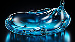 Closeup, water splash and liquid droplet on blue background for sustainability, eco friendly and environment support. Abstract and detail drop for organic ecology on a studio backdrop.