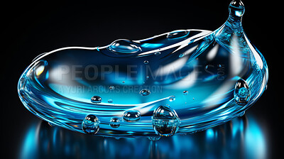 Closeup, water splash and liquid droplet on blue background for sustainability, eco friendly and environment support. Abstract and detail drop for organic ecology on a studio backdrop.
