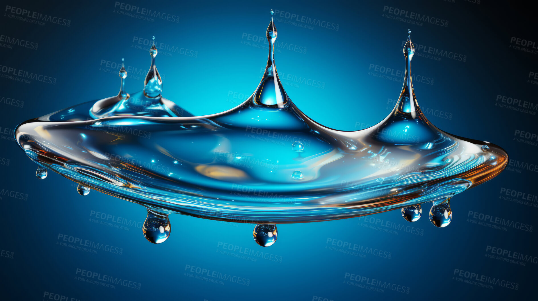 Buy stock photo Closeup, water splash and liquid droplet on blue background for sustainability, eco friendly and environment support. Abstract and detail drop for organic ecology on a studio backdrop.