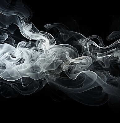 Buy stock photo Smoke, incense or gas in a studio with dark background by mockup space for magic effect with abstract. Fog, steam or vapor mist moving in air for cloud smog pattern by black backdrop with banner.