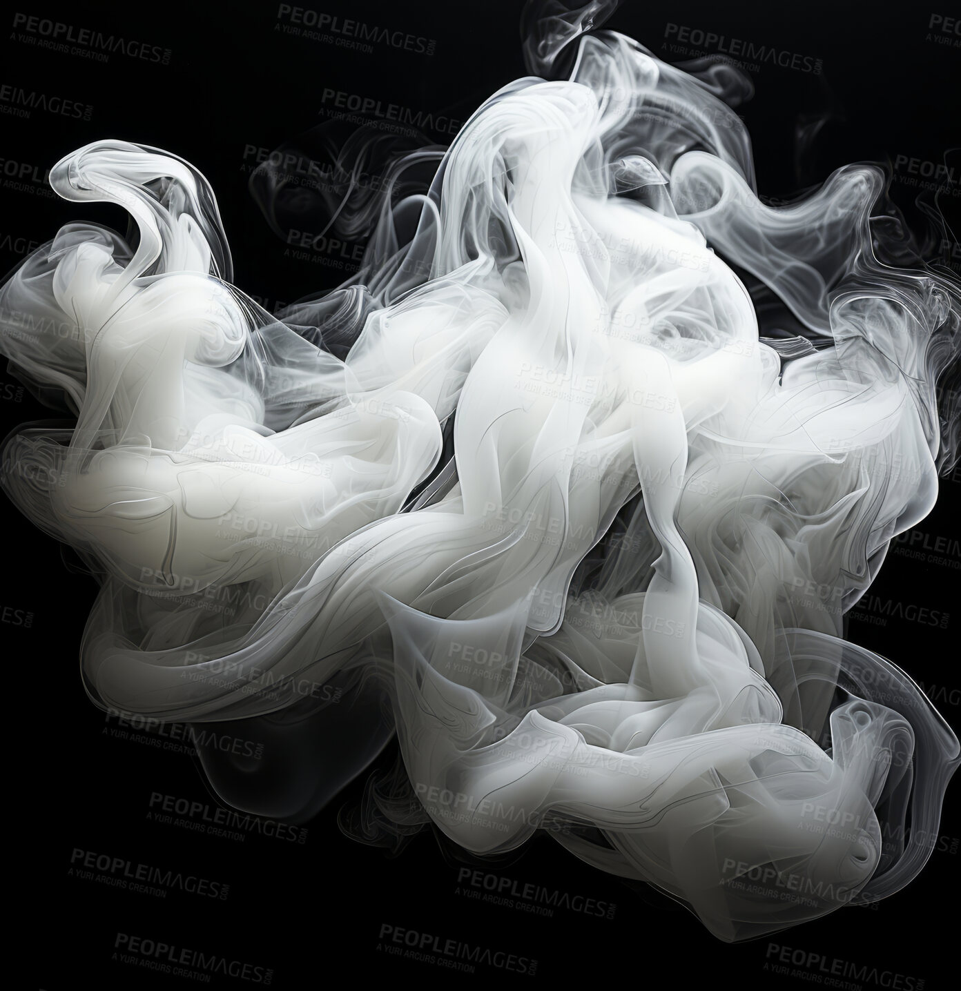 Buy stock photo Smoke, incense or gas in a studio with dark background by mockup space for magic effect with abstract. Fog, steam or vapor mist moving in air for cloud smog pattern by black backdrop with banner.