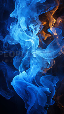 Buy stock photo Colourful smoke, incense or gas in a studio with dark background by mockup space for magic effect with abstract. Fog, steam or vapor mist moving in air for cloud smog pattern by black backdrop with banner.
