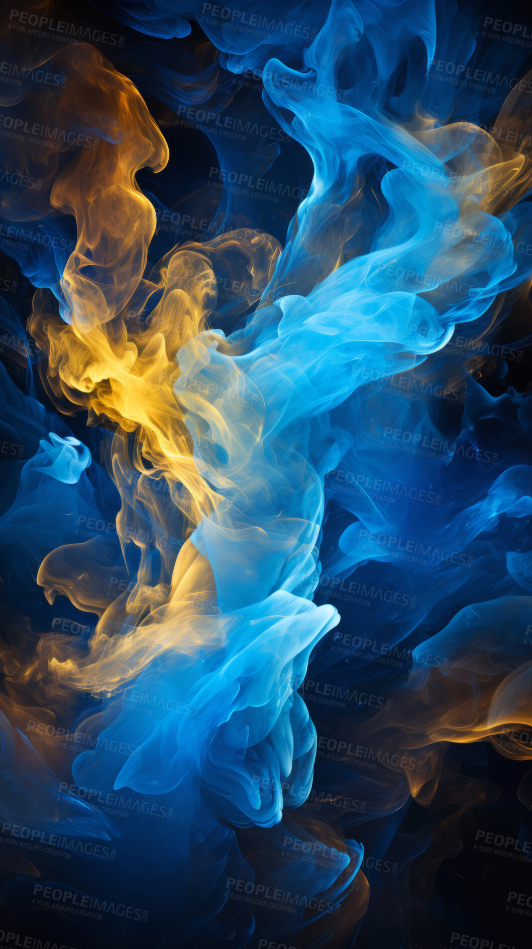 Buy stock photo Colourful smoke, incense or gas in a studio with dark background by mockup space for magic effect with abstract. Fog, steam or vapor mist moving in air for cloud smog pattern by black backdrop with banner.