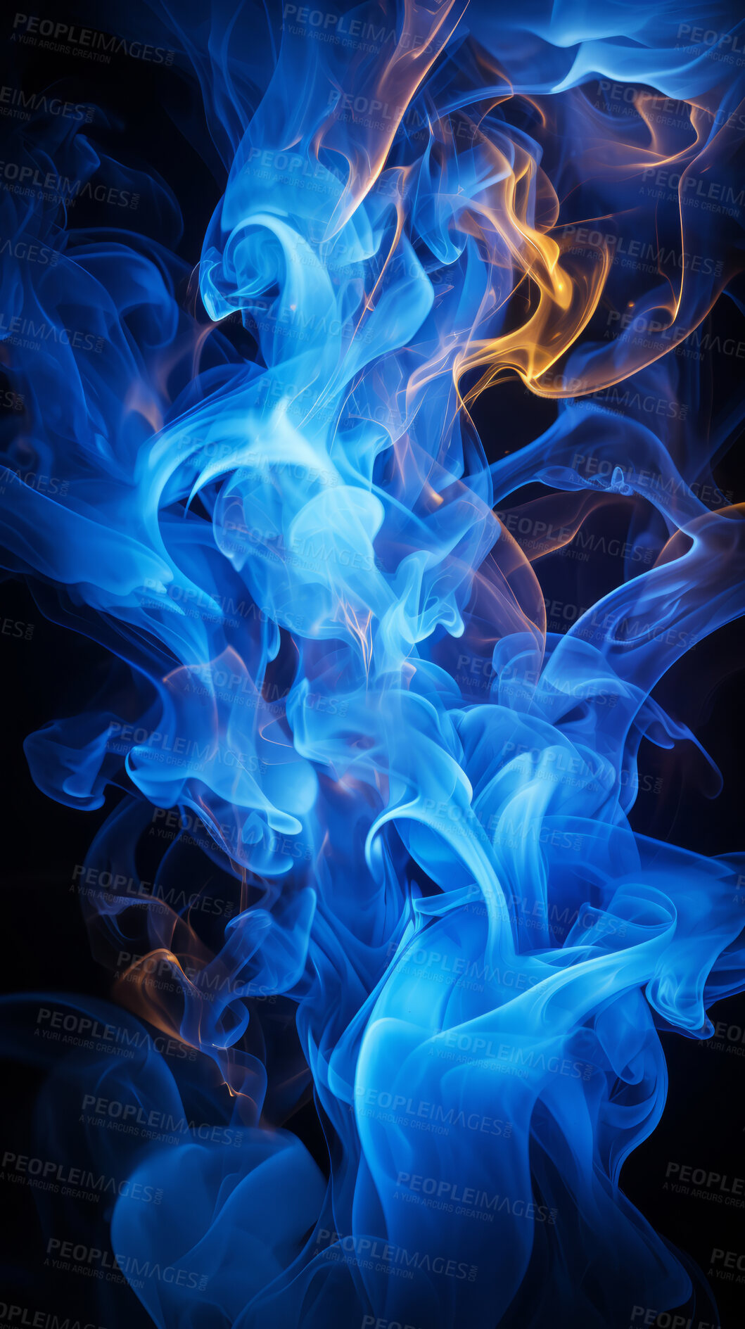 Buy stock photo Colourful smoke, incense or gas in a studio with dark background by mockup space for magic effect with abstract. Fog, steam or vapor mist moving in air for cloud smog pattern by black backdrop with banner.