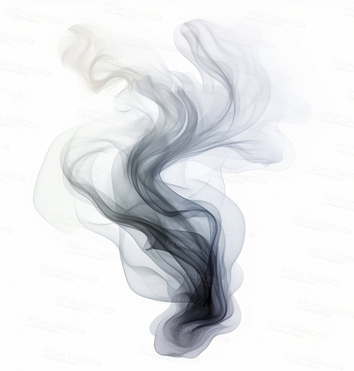 Buy stock photo Black smoke, incense or gas in a studio with white background by mockup space for magic effect with abstract. Fog, steam or vapor mist moving in air for cloud smog pattern by light backdrop with banner.