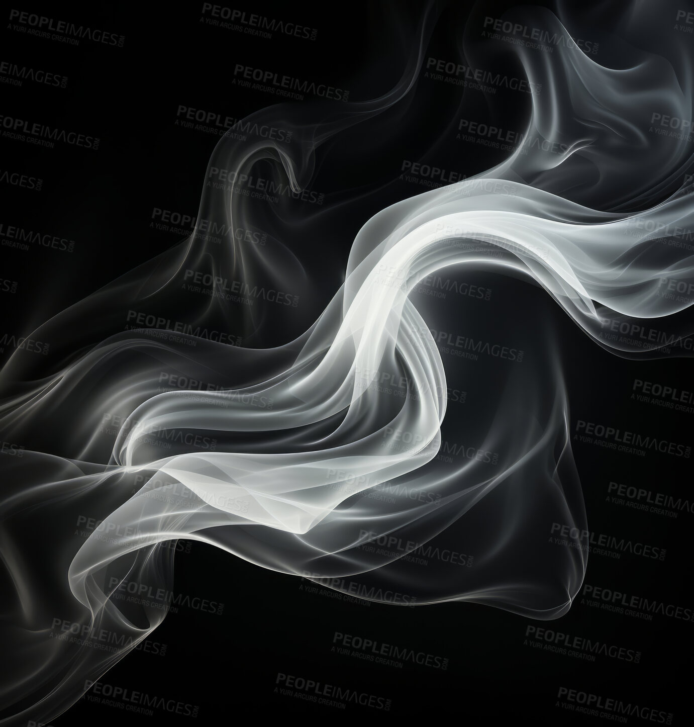 Buy stock photo Smoke, incense or gas in a studio with dark background by mockup space for magic effect with abstract. Fog, steam or vapor mist moving in air for cloud smog pattern by black backdrop with banner.