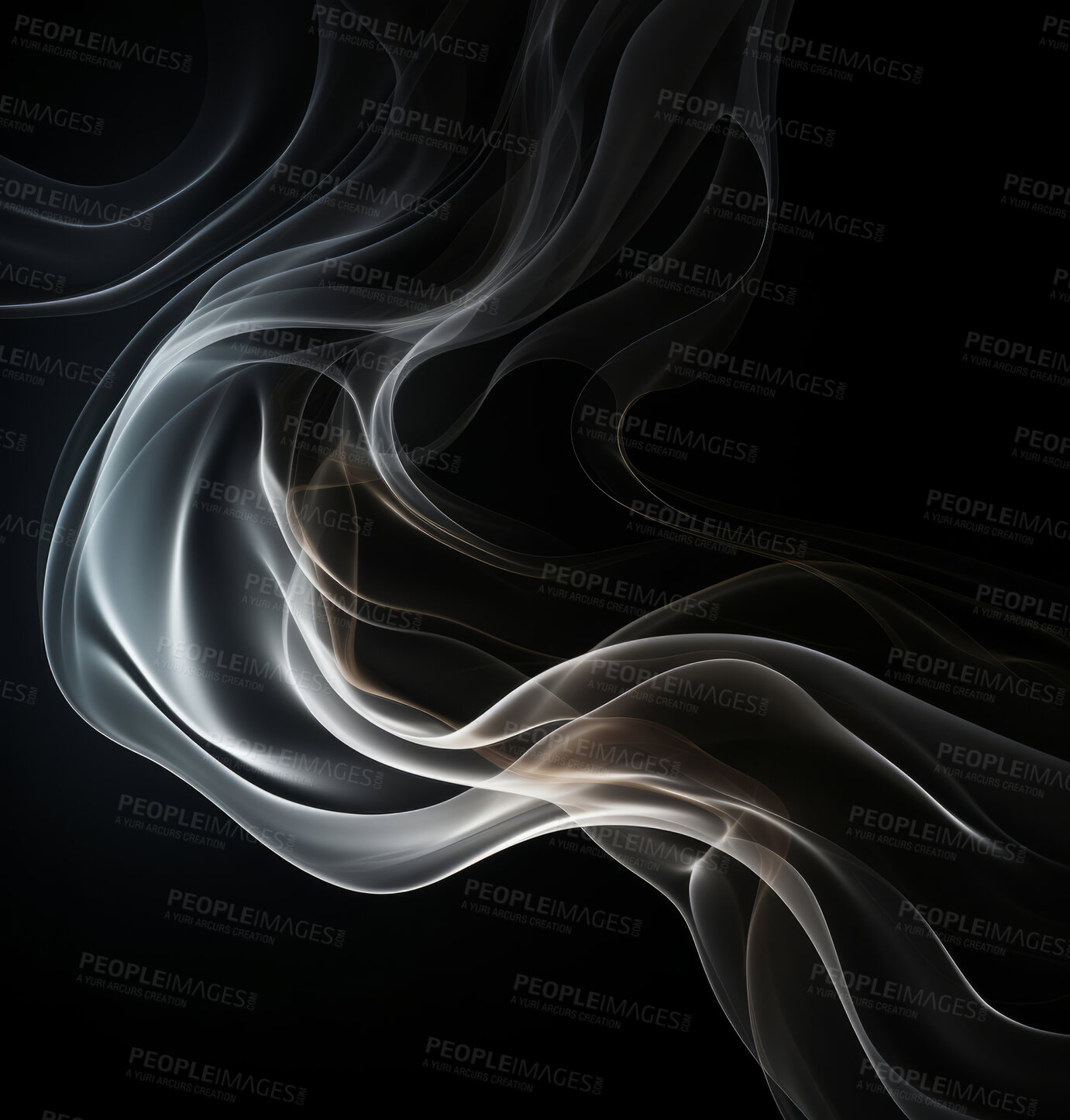 Buy stock photo Smoke, incense or gas in a studio with dark background by mockup space for magic effect with abstract. Fog, steam or vapor mist moving in air for cloud smog pattern by black backdrop with banner.