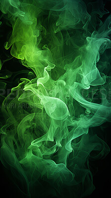 Colourful smoke, incense or gas in a studio with dark background by mockup space for magic effect with abstract. Fog, steam or vapor mist moving in air for cloud smog pattern by black backdrop with banner.