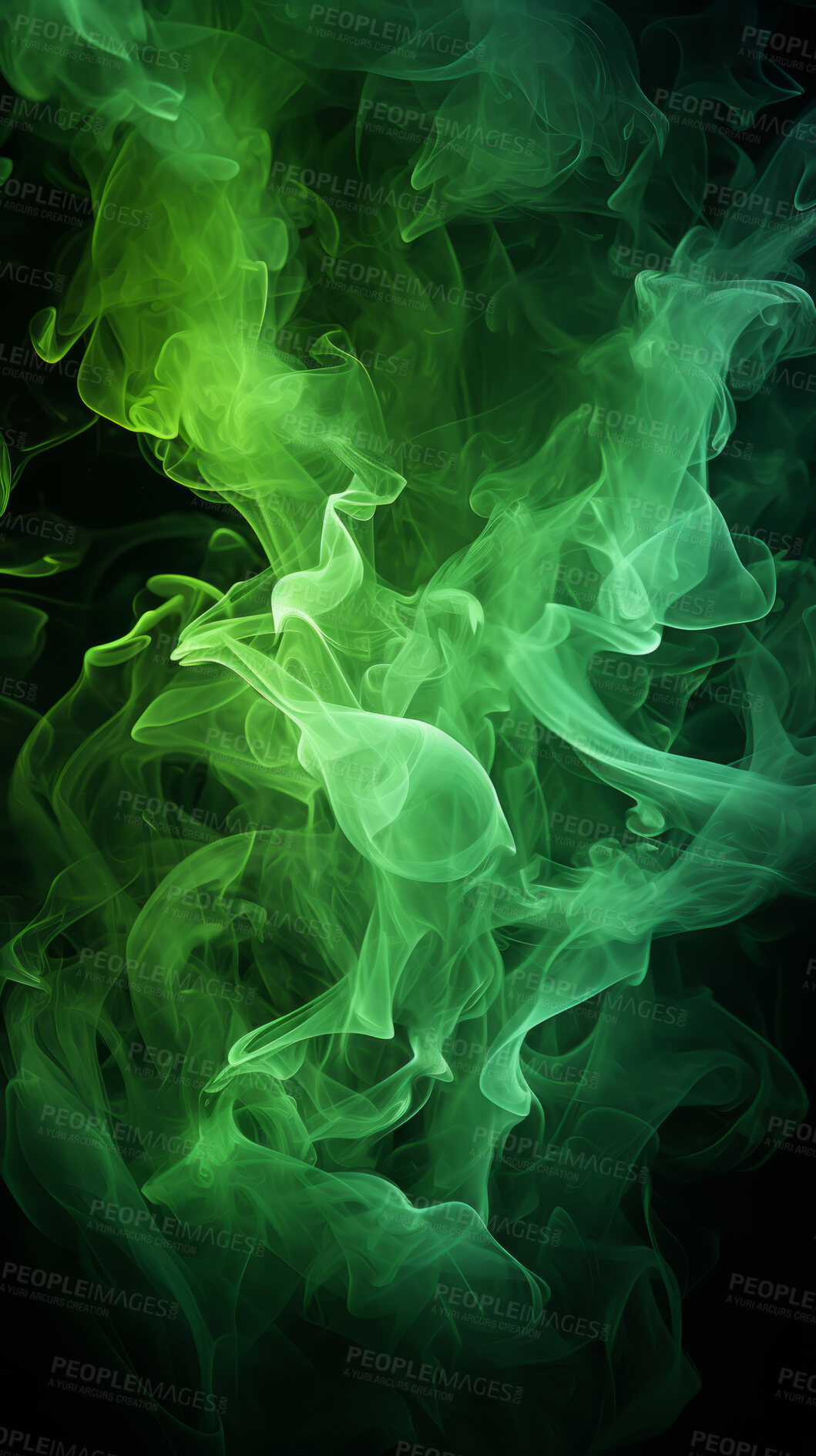 Buy stock photo Colourful smoke, incense or gas in a studio with dark background by mockup space for magic effect with abstract. Fog, steam or vapor mist moving in air for cloud smog pattern by black backdrop with banner.