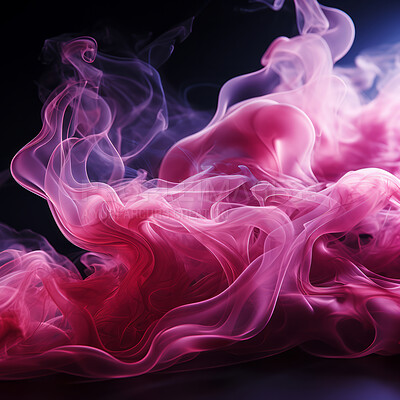 Colourful smoke, incense or gas in a studio with dark background by mockup space for magic effect with abstract. Fog, steam or vapor mist moving in air for cloud smog pattern by black backdrop with banner.