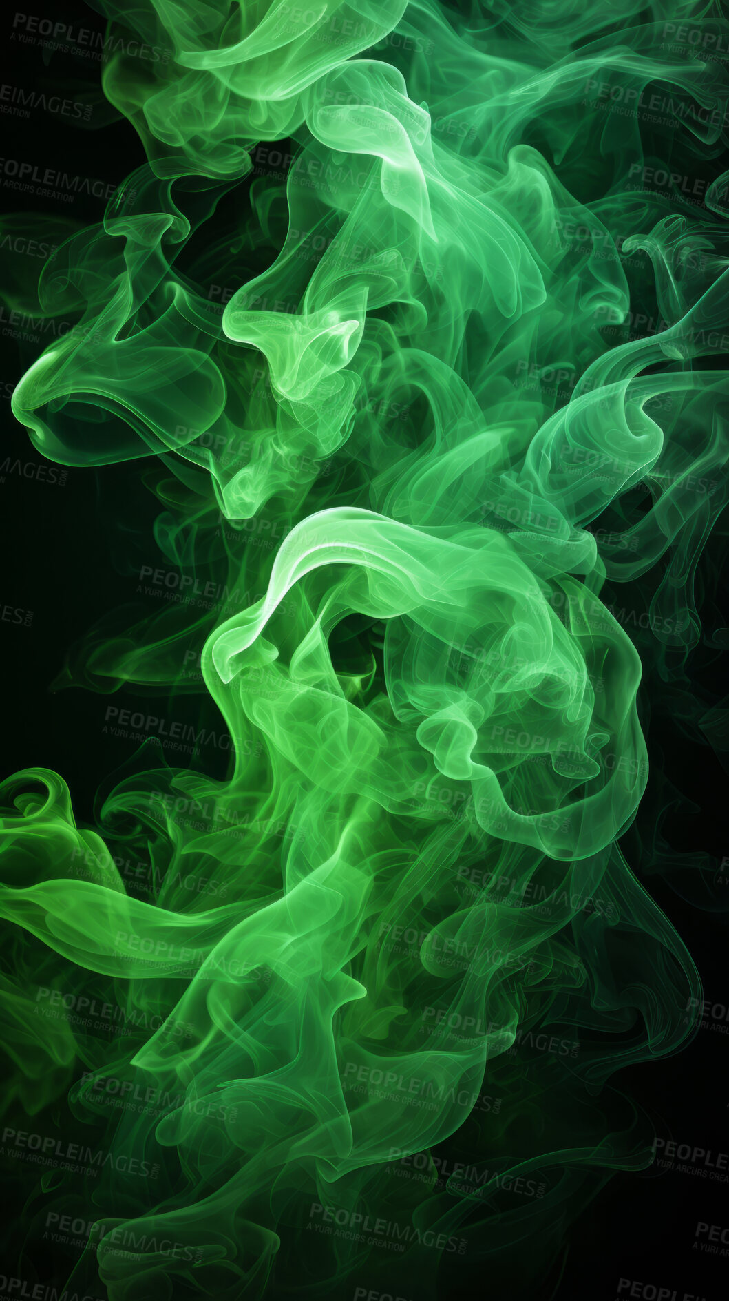 Buy stock photo Colourful smoke, incense or gas in a studio with dark background by mockup space for magic effect with abstract. Fog, steam or vapor mist moving in air for cloud smog pattern by black backdrop with banner.