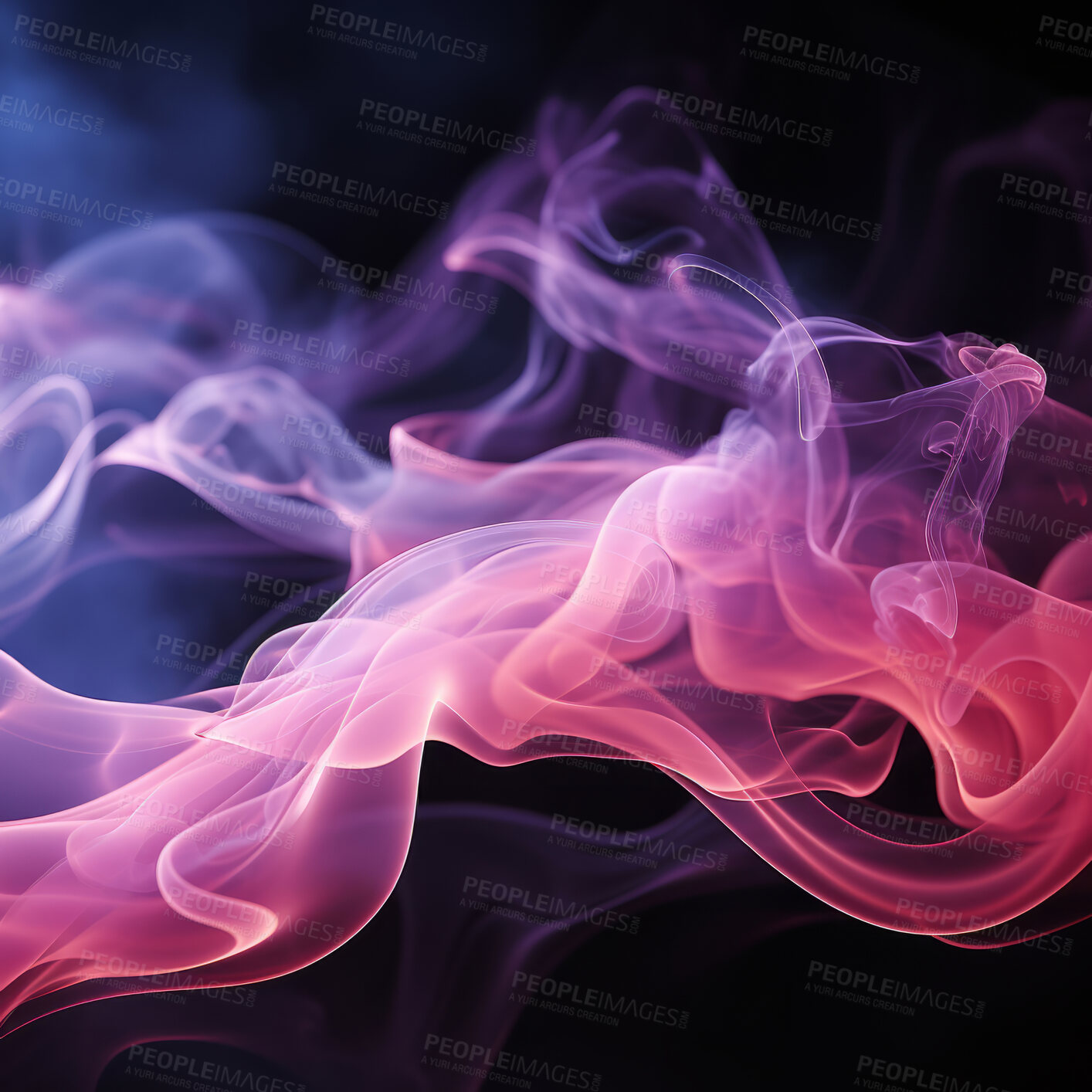 Buy stock photo Colourful smoke, incense or gas in a studio with dark background by mockup space for magic effect with abstract. Fog, steam or vapor mist moving in air for cloud smog pattern by black backdrop with mock up.