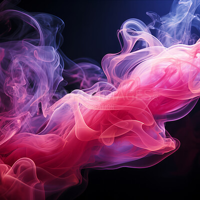 Colourful smoke, incense or gas in a studio with dark background by mockup space for magic effect with abstract. Fog, steam or vapor mist moving in air for cloud smog pattern by black backdrop with mock up.