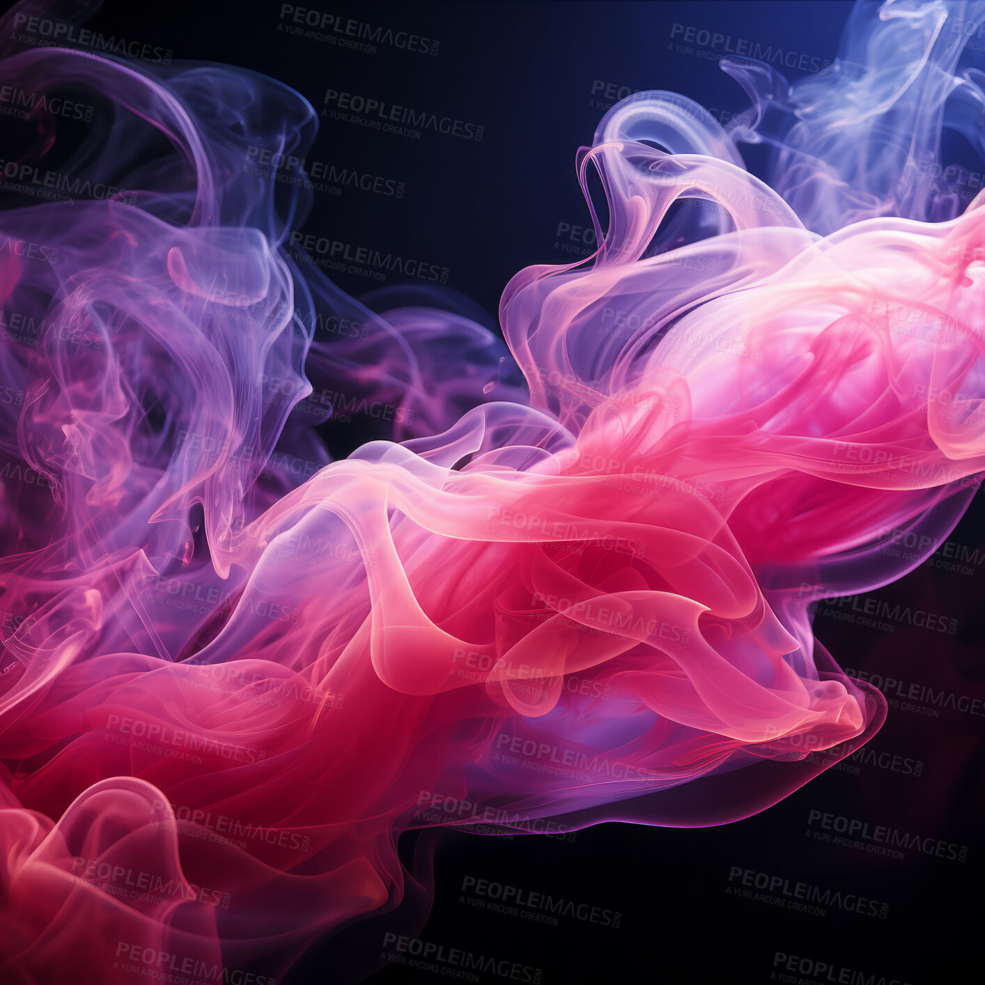 Buy stock photo Colourful smoke, incense or gas in a studio with dark background by mockup space for magic effect with abstract. Fog, steam or vapor mist moving in air for cloud smog pattern by black backdrop with mock up.