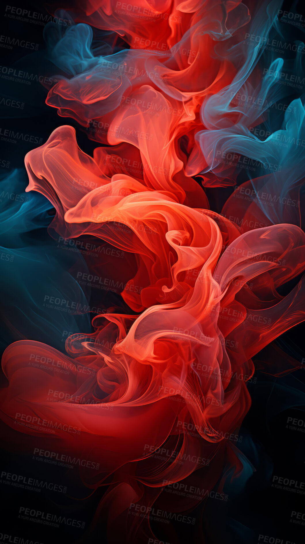 Buy stock photo Colourful smoke, incense or gas in a studio with dark background by mockup space for magic effect with abstract. Fog, steam or vapor mist moving in air for cloud smog pattern by black backdrop with banner.