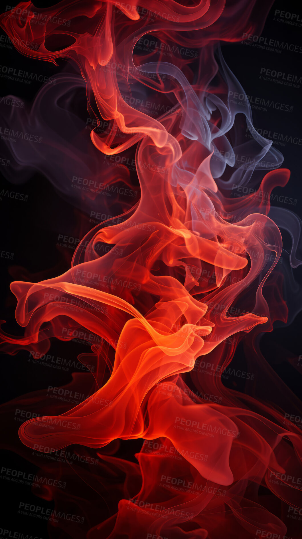 Buy stock photo Colourful smoke, incense or gas in a studio with dark background by mockup space for magic effect with abstract. Fog, steam or vapor mist moving in air for cloud smog pattern by black backdrop with banner.