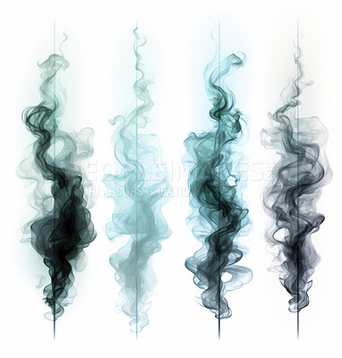 Black smoke, incense or gas in a studio with white background by mockup space for magic effect with abstract. Fog, steam or vapor mist moving in air for cloud smog pattern by light backdrop with banner.