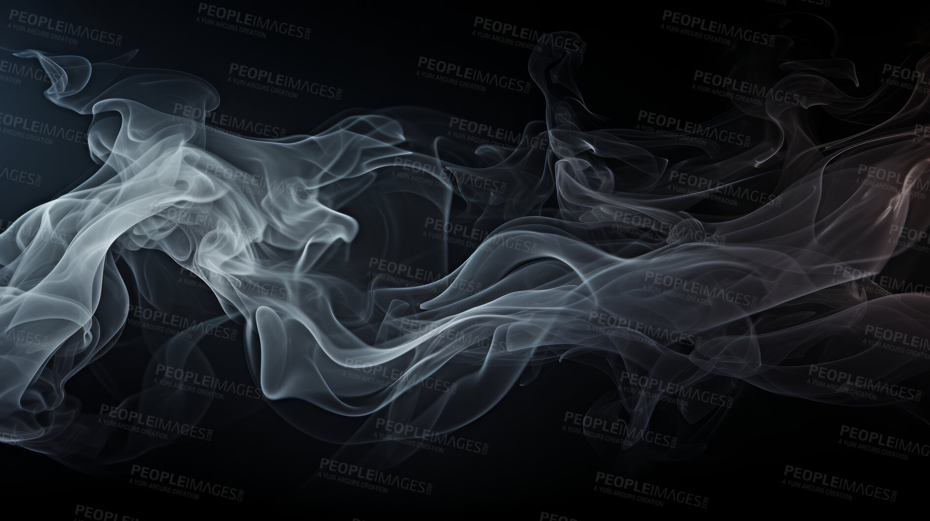 Buy stock photo Smoke, incense or gas in a studio with dark background by mockup space for magic effect with abstract. Fog, steam or vapor mist moving in air for cloud smog pattern by black backdrop with banner.