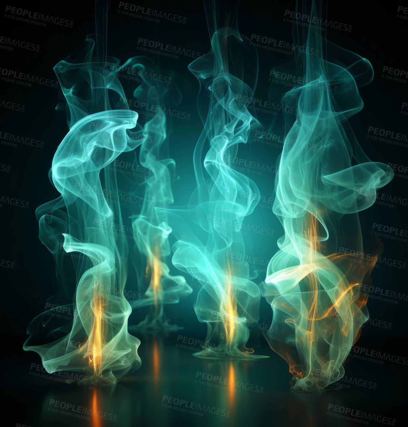 Buy stock photo Colourful smoke, incense or gas in a studio with dark background by mockup space for magic effect with abstract. Fog, steam or vapor mist moving in air for cloud smog pattern by black backdrop with banner.