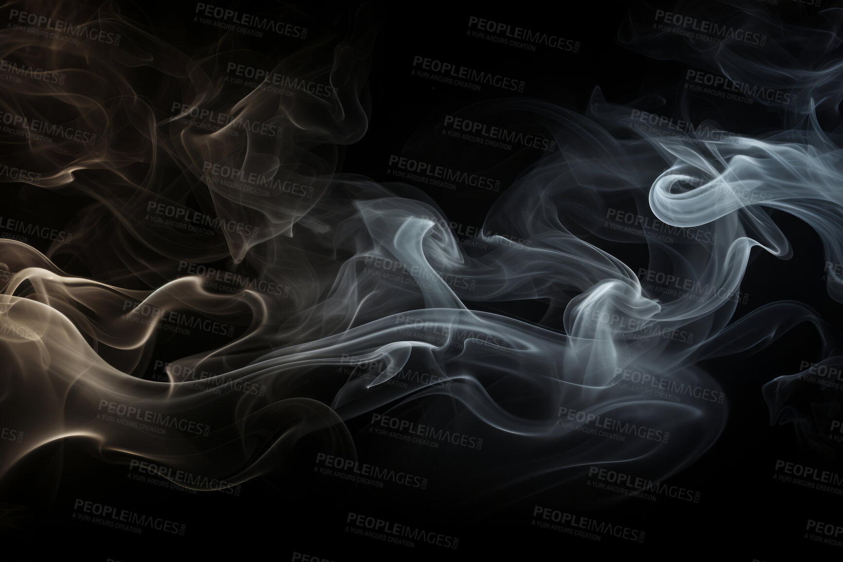 Buy stock photo Smoke, incense or gas in a studio with dark background by mockup space for magic effect with abstract. Fog, steam or vapor mist moving in air for cloud smog pattern by black backdrop with banner.