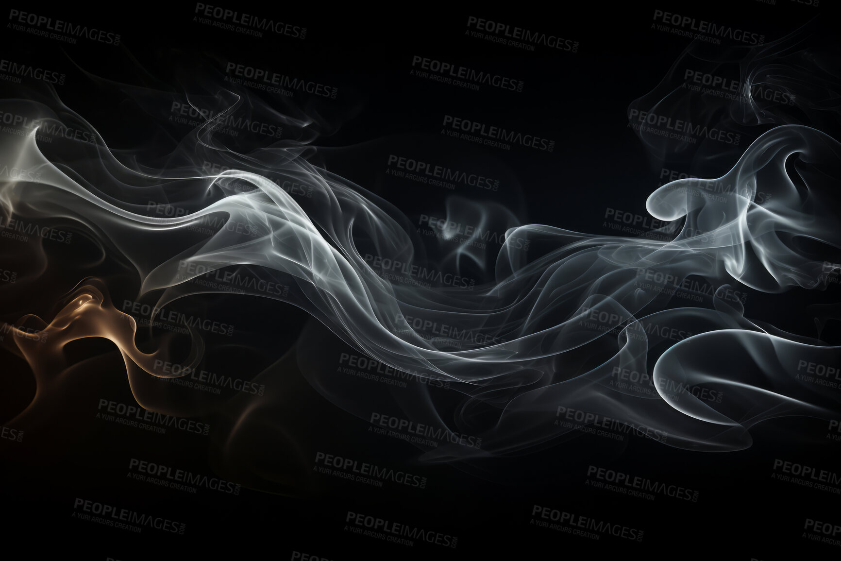 Buy stock photo Smoke, incense or gas in a studio with dark background by mockup space for magic effect with abstract. Fog, steam or vapor mist moving in air for cloud smog pattern by black backdrop with banner.