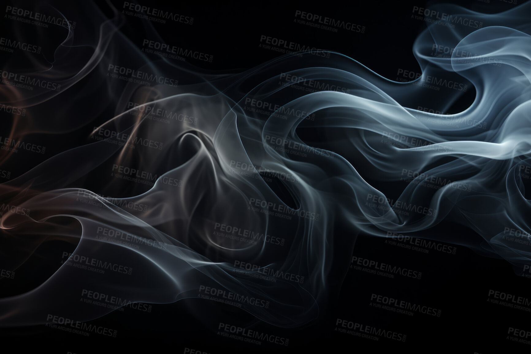 Buy stock photo Smoke, incense or gas in a studio with dark background by mockup space for magic effect with abstract. Fog, steam or vapor mist moving in air for cloud smog pattern by black backdrop with banner.