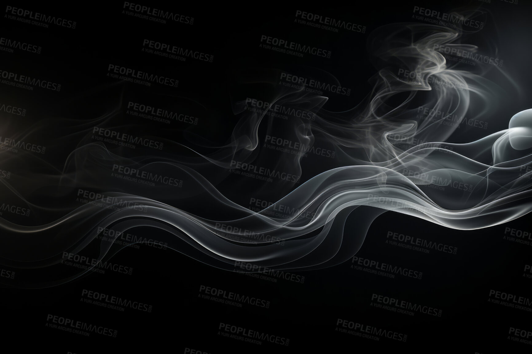 Buy stock photo Smoke, incense or gas in a studio with dark background by mockup space for magic effect with abstract. Fog, steam or vapor mist moving in air for cloud smog pattern by black backdrop with banner.