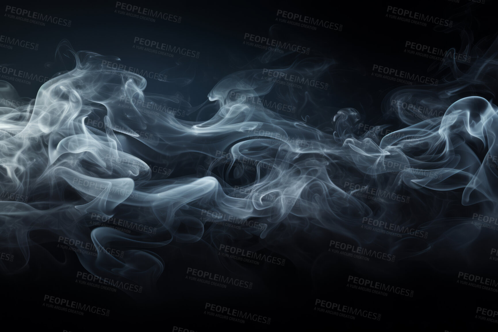 Buy stock photo Smoke, incense or gas in a studio with dark background by mockup space for magic effect with abstract. Fog, steam or vapor mist moving in air for cloud smog pattern by black backdrop with banner.