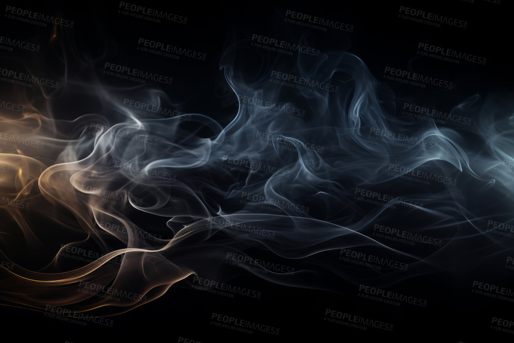 Buy stock photo Smoke, incense or gas in a studio with dark background by mockup space for magic effect with abstract. Fog, steam or vapor mist moving in air for cloud smog pattern by black backdrop with banner.