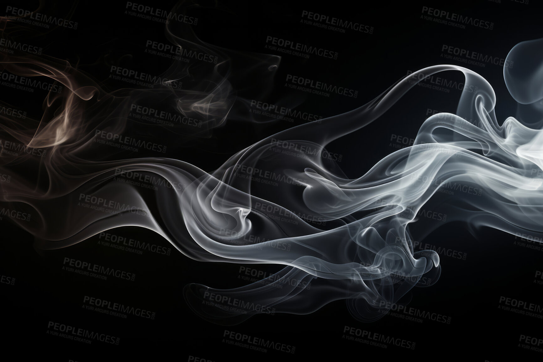 Buy stock photo Smoke, incense or gas in a studio with dark background by mockup space for magic effect with abstract. Fog, steam or vapor mist moving in air for cloud smog pattern by black backdrop with banner.