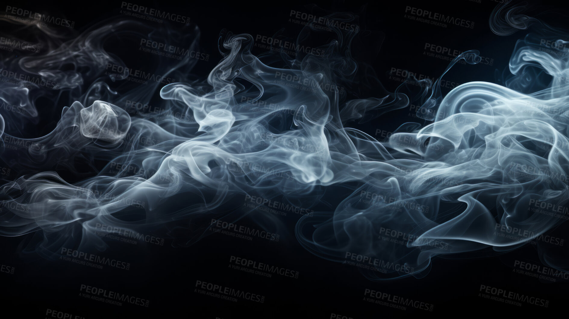 Buy stock photo Smoke, incense or gas in a studio with dark background by mockup space for magic effect with abstract. Fog, steam or vapor mist moving in air for cloud smog pattern by black backdrop with banner.