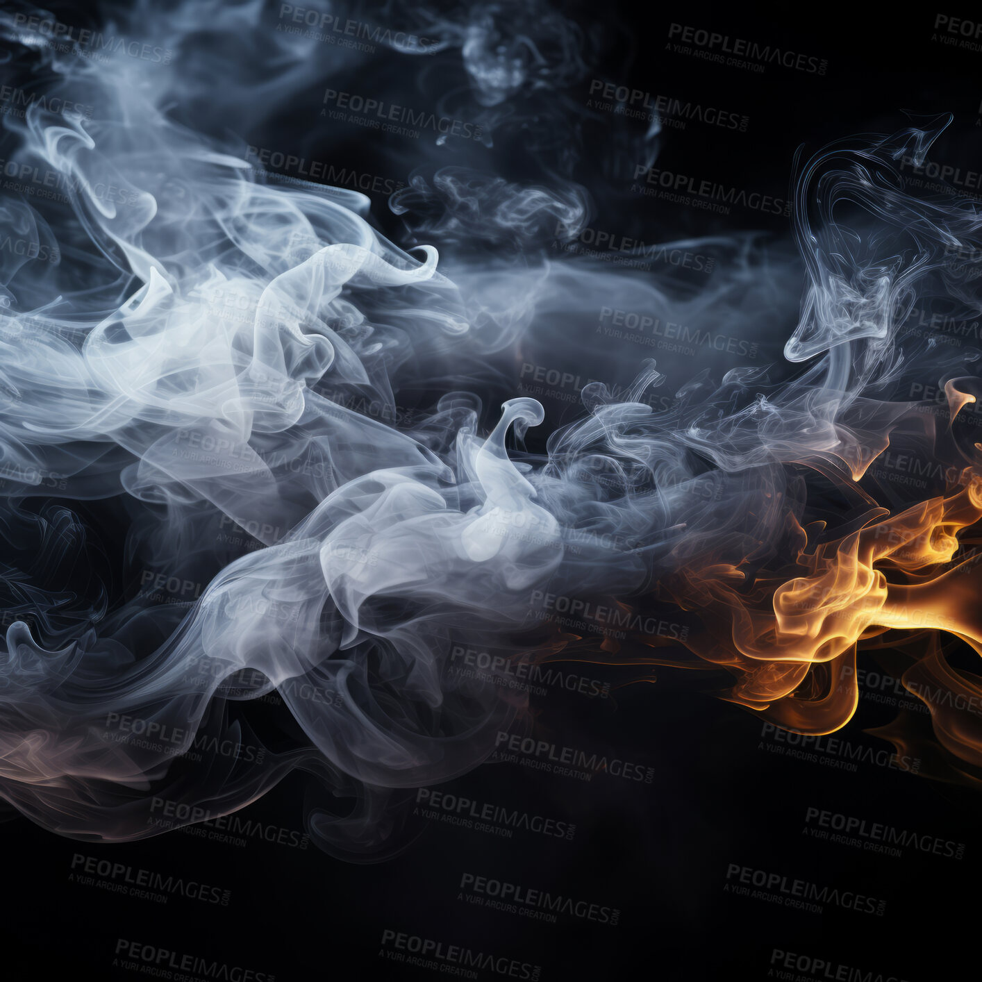 Buy stock photo Smoke, incense or gas in a studio with dark background by mockup space for magic effect with abstract. Fog, steam or vapor mist moving in air for cloud smog pattern by black backdrop with banner.