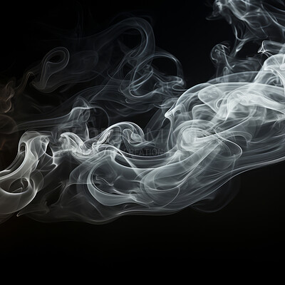 Abstract smoke, black background and mockup space with gloomy fog, creative art and magic effect. Vapor, dry ice or mystical swirl with special effects in studio, gas or smog with white puff by steam.
