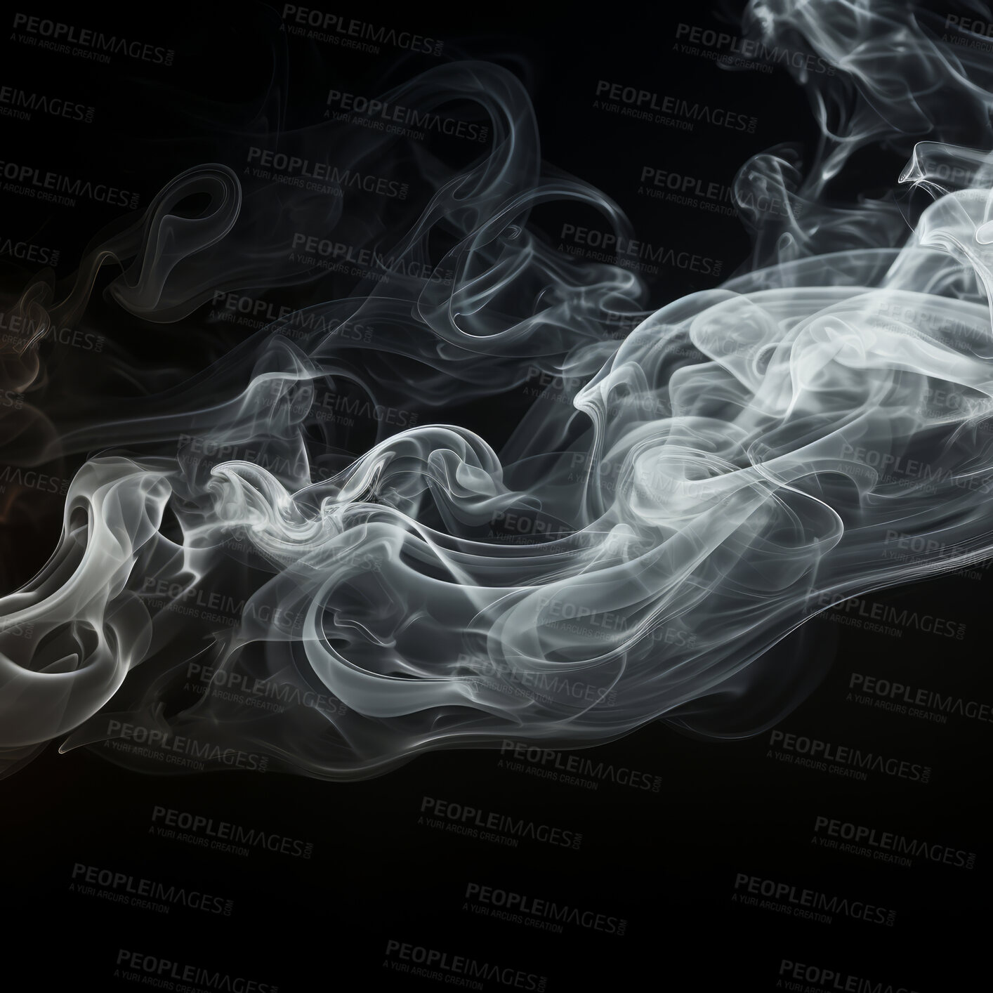 Buy stock photo Abstract smoke, black background and mockup space with gloomy fog, creative art and magic effect. Vapor, dry ice or mystical swirl with special effects in studio, gas or smog with white puff by steam.