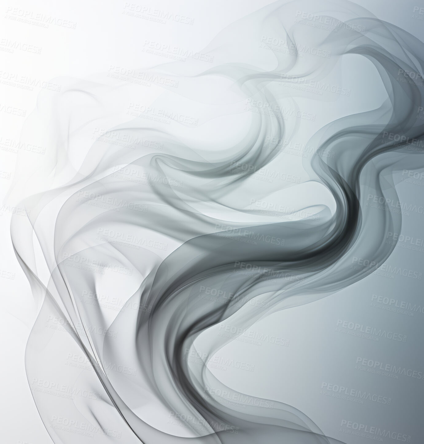 Buy stock photo Black smoke, incense or gas in a studio with white background by mockup space for magic effect with abstract. Fog, steam or vapor mist moving in air for cloud smog pattern by light backdrop with banner.